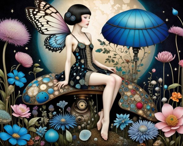 Whimsical Scene of Woman with Butterfly Wings on Mushroom