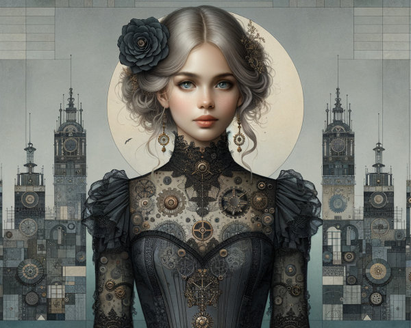 Young Woman in Elegant Black Dress with Steampunk Theme