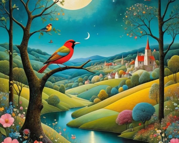 Vibrant Landscape with Hills, Moon, and Colorful Bird