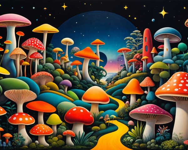 Vibrant Fantasy Landscape with Colorful Mushrooms