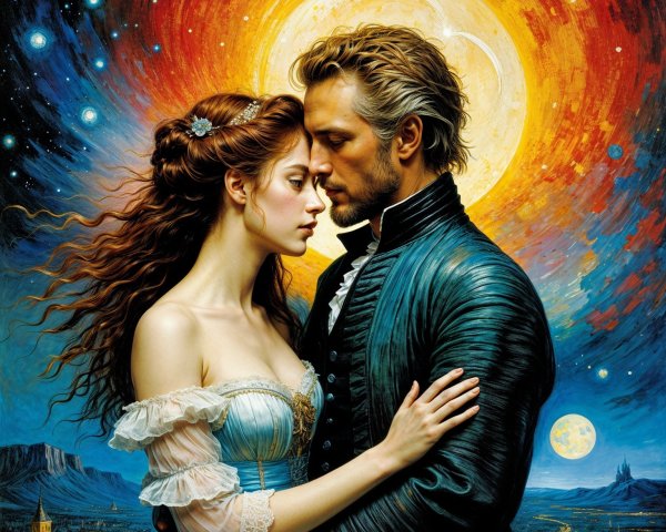 Couple Embraced Against a Cosmic Background