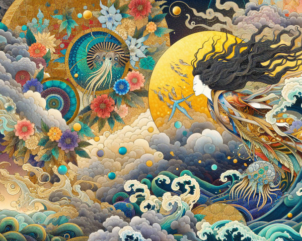 Vibrant Scene of Nature and Mythology with Floral Elements