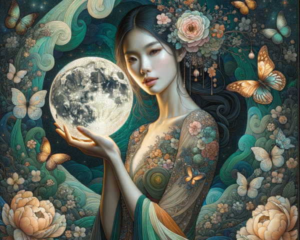 Serene woman with glowing moon in floral patterns