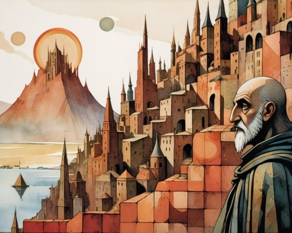 Contemplative Old Man Overlooks Castle at Sunset