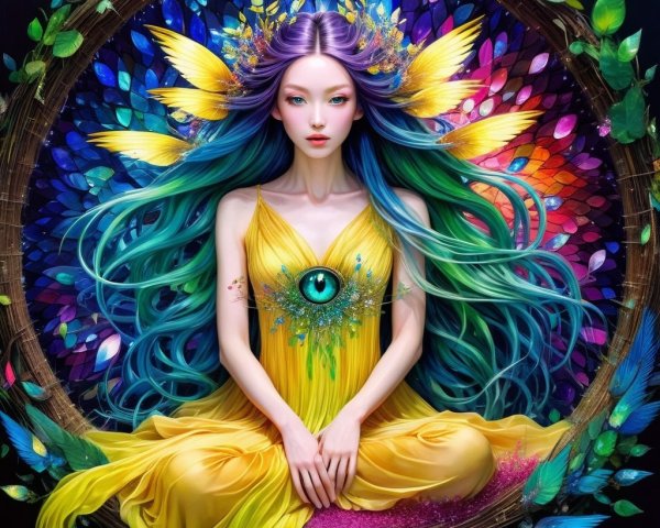 Mystical Figure in Leafy Frame with Colorful Attire