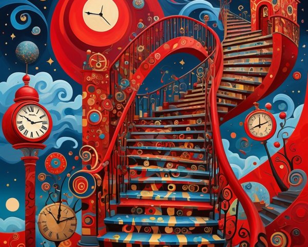 Surreal Scene with Spiraling Staircase and Clocks