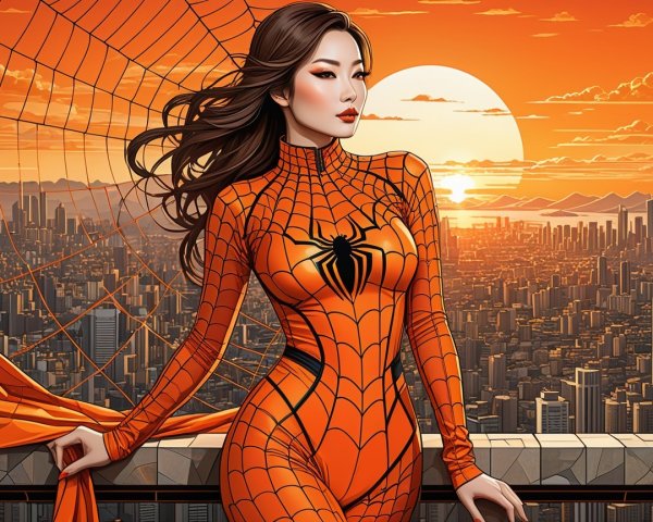 Superheroine in Spider-Themed Suit Against Sunset Skyline