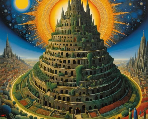 Grand Tower Surrounded by Cosmic Landscape and Greenery