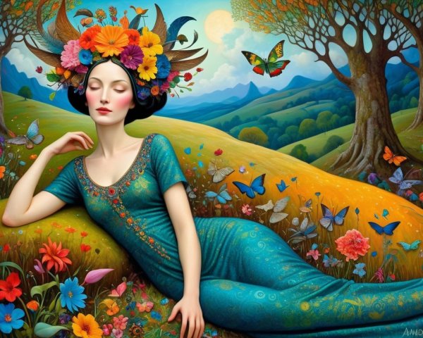 Serene Woman in Teal Dress Amidst Vibrant Nature