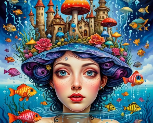 Surreal Illustration of Woman in Water with Castle