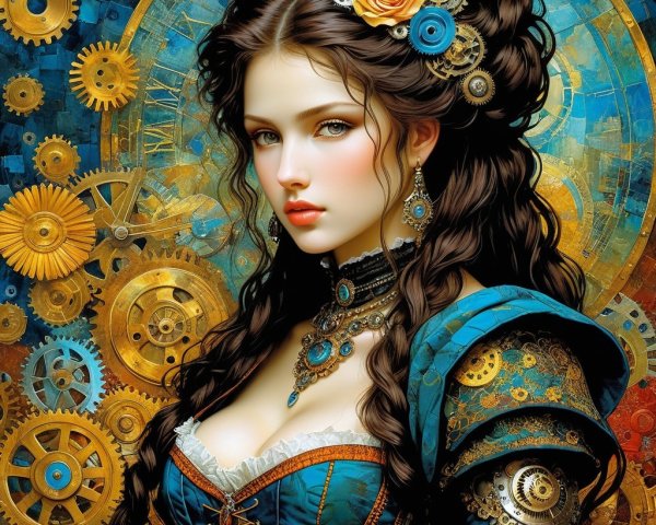 Steampunk Woman in Blue Corset with Clockwork Background