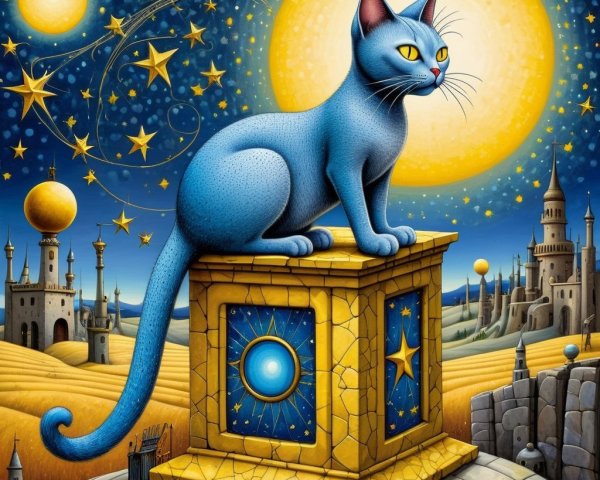 Blue Cat on Gold Pedestal in Dreamy Fantasy Landscape