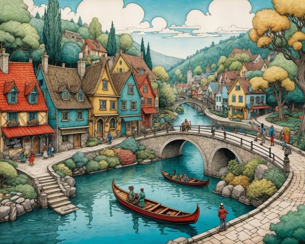 Charming Village with Colorful Houses and River Scene