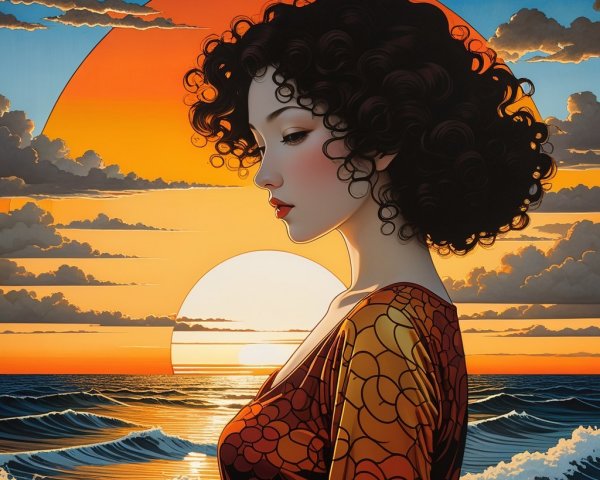 Silhouette of a Woman at Sunset Over Ocean Waves