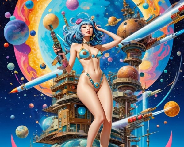 Futuristic Woman in Vibrant Sci-Fi Space Scene
