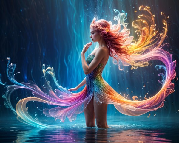 Graceful figure in shimmering water with vibrant colors