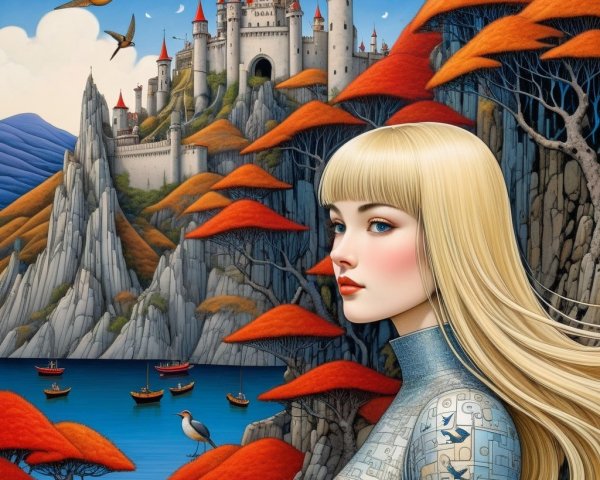 Futuristic Woman Overlooking Tranquil Lake Landscape