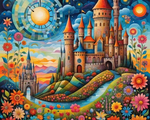 Whimsical Landscape with Castle and Colorful Flowers