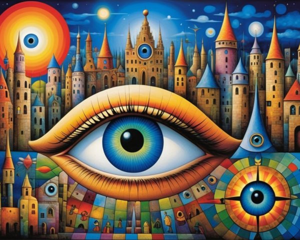 Surreal Landscape with Castles and Enormous Eye