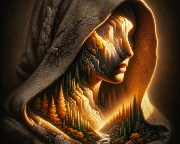 Cloaked Figure with Landscape Face and Waterfalls