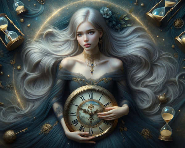 Serene Woman with Clock and Hourglasses in Blue Setting