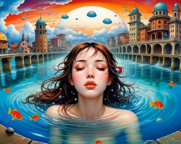 Young Woman in Blue Water with Colorful Goldfish