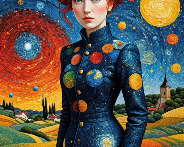 Young woman with red curls in cosmic backdrop