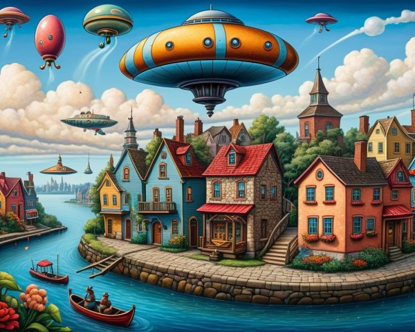 Colorful Houses and Flying Saucers by a River