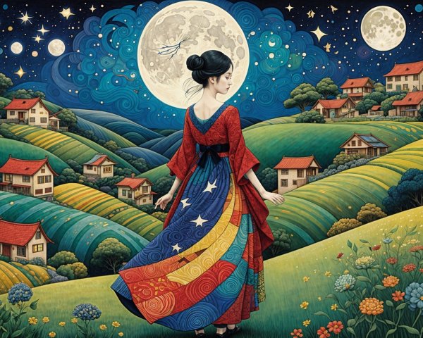 Serene Night Scene with Woman and Rolling Hills