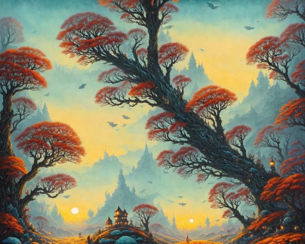 Vibrant Fantasy Landscape with Gnarled Trees and Glow