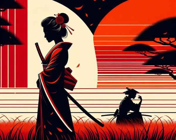 Silhouetted Samurai and Woman Against Vibrant Sunset