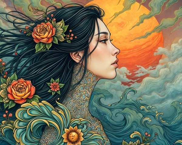 Profile of a Woman with Roses and Sunlit Background