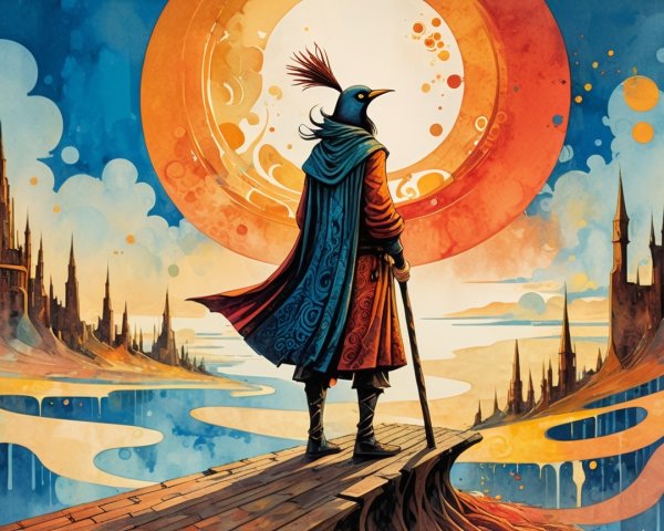 Surreal Landscape with Ornate Figure and Castles