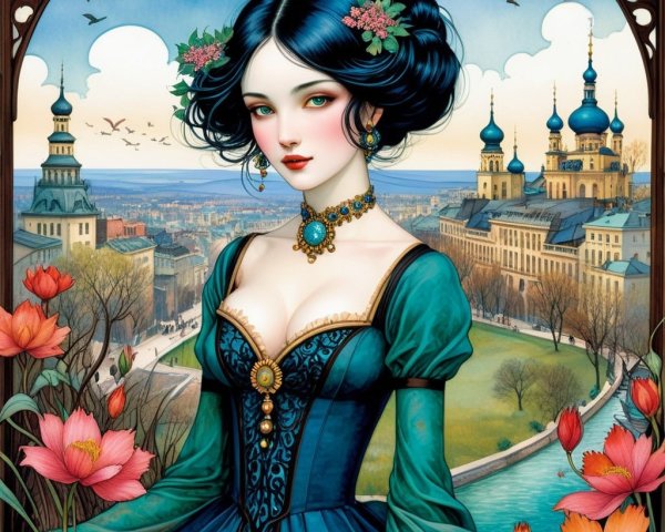 Illustration of a Woman in Teal Gown with Scenic Background