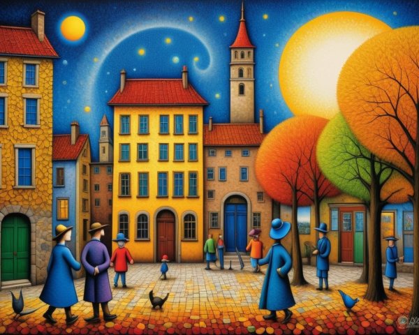 Colorful Town Square with Autumn Trees and Church Tower