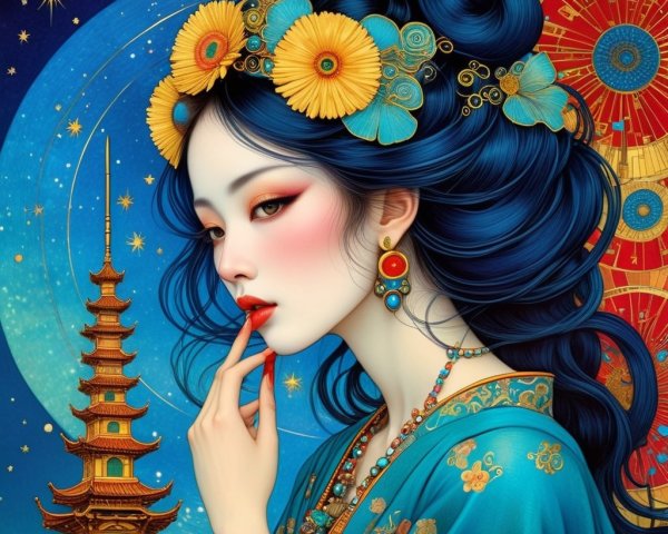 Serene Woman in Turquoise Kimono with Starry Sky