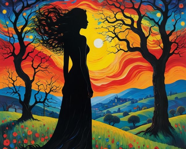 Silhouetted Woman in Vibrant Sunset Landscape