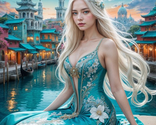 Young woman in turquoise gown by tranquil river at sunset