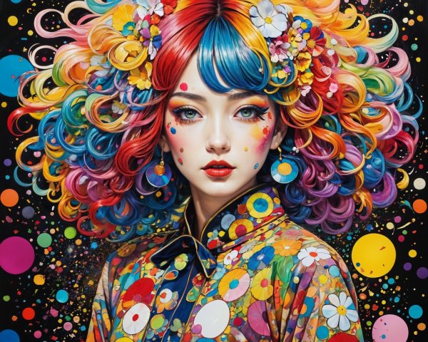 Portrait of a woman with rainbow curls and flowers