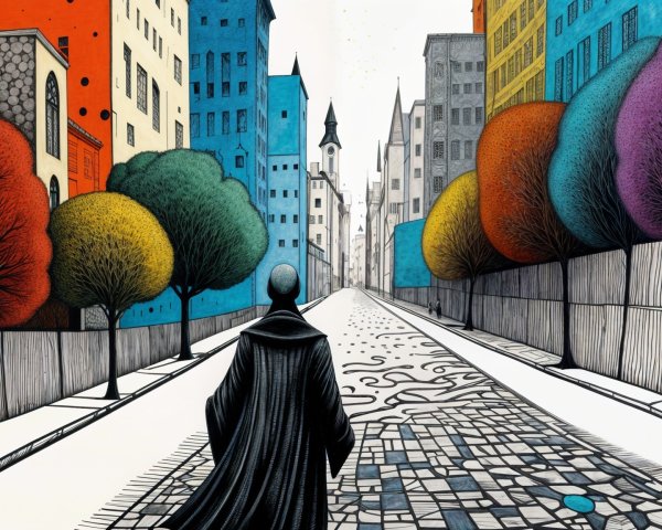 Vibrant Urban Landscape with Stylized Trees and Spire