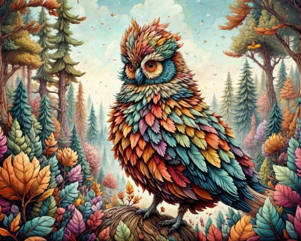 Whimsical Owl in a Vibrant Autumn Forest Setting