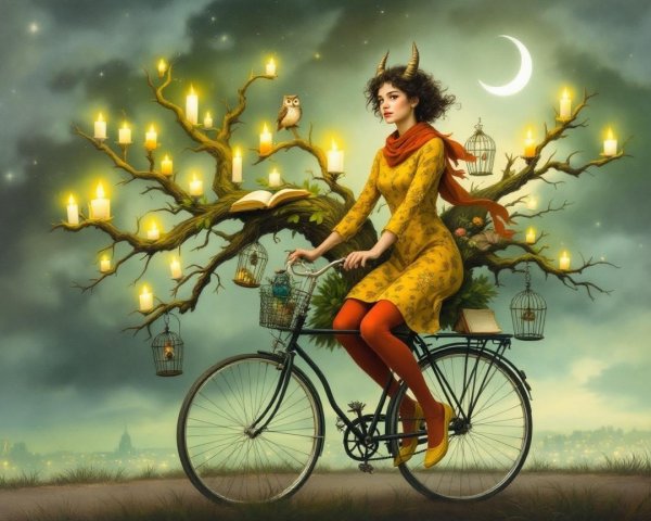 Whimsical Woman on Bicycle with Magical Elements