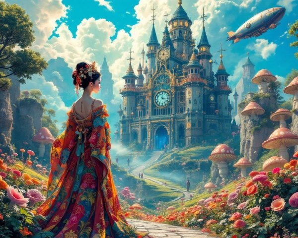 Majestic Castle with Clock Tower in Fantastical Landscape