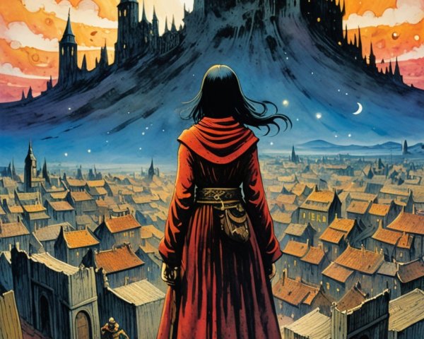Hooded Figure Overlooks Dark Castle at Sunset