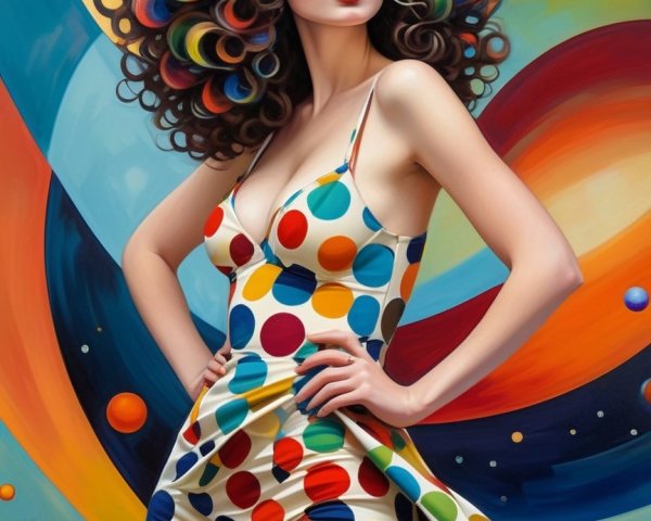 Glamorous Woman in Colorful Curls and Polka-Dot Dress
