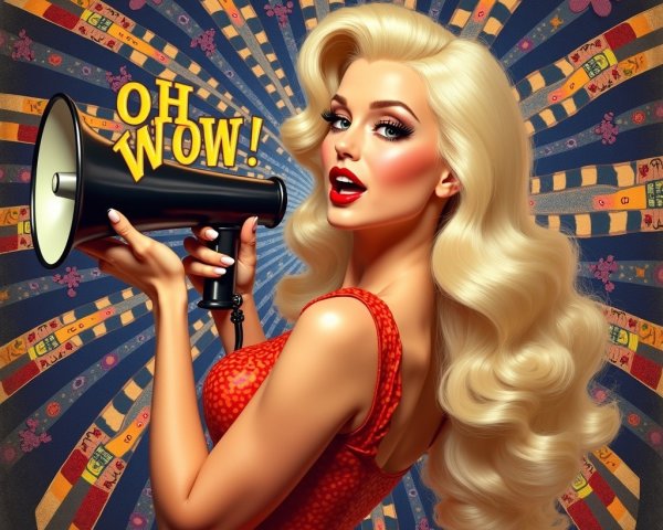 Glamorous Woman in Red Dress with Megaphone
