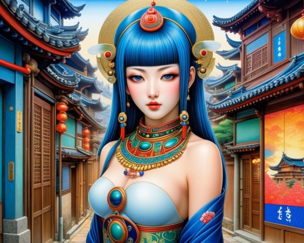 Female figure in vibrant traditional Asian street scene