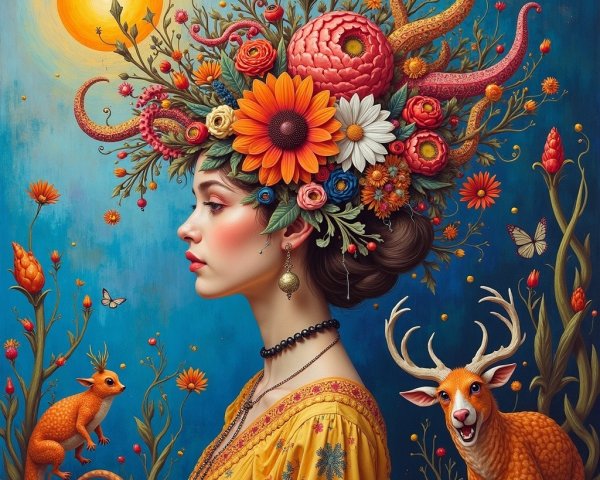 Woman with Floral Headdress and Nature Elements
