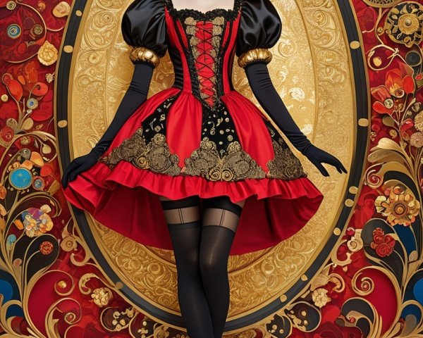 Vibrant Dress with Lace and Traditional Hairstyle