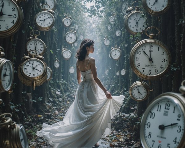 Mystical forest with vintage clocks and a dancing woman